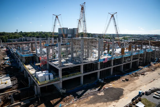 The construction site for the Tennessee Titans’ new stadium as seen from Nissan Stadium in Nashville, Tenn., Sunday, Sept. 15, 2024.